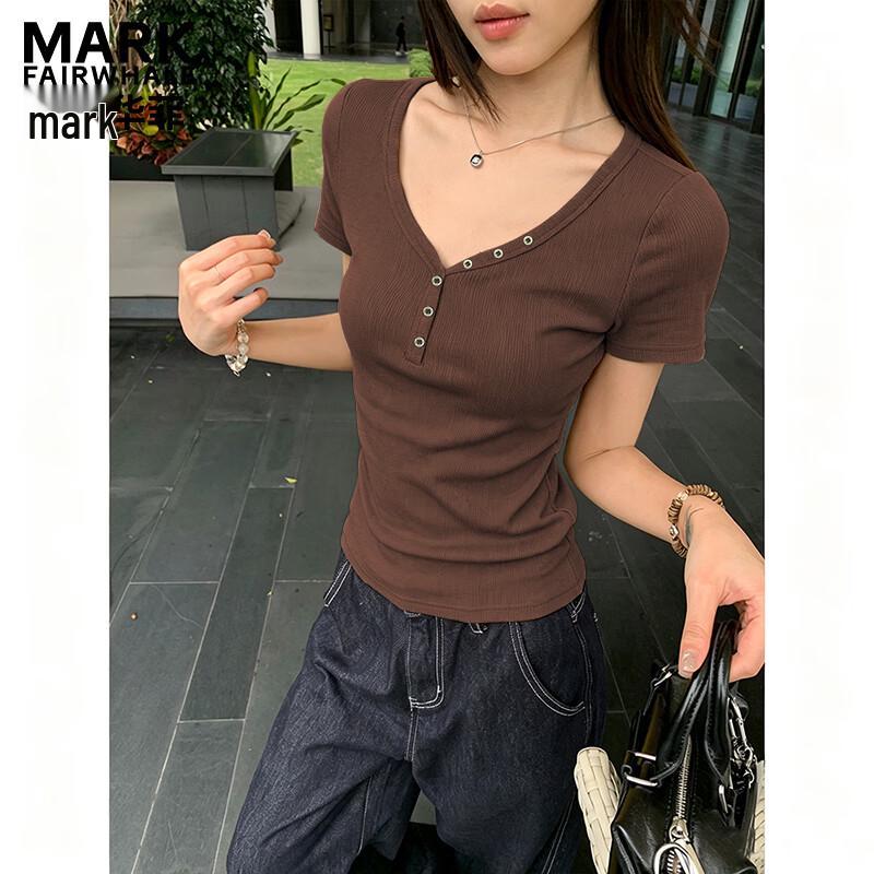 MARK FAIRWHALE Women s V-Neck Ribbed Button Slim-Fit T-Shirt XXL