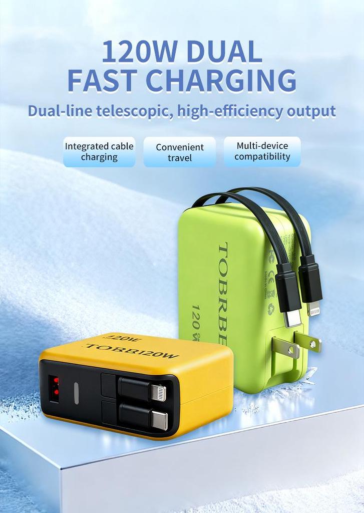 Fast Charging GaN Charger with Retractable Cable for Apple, iPad, Huawei, Xiaomi, and Android.