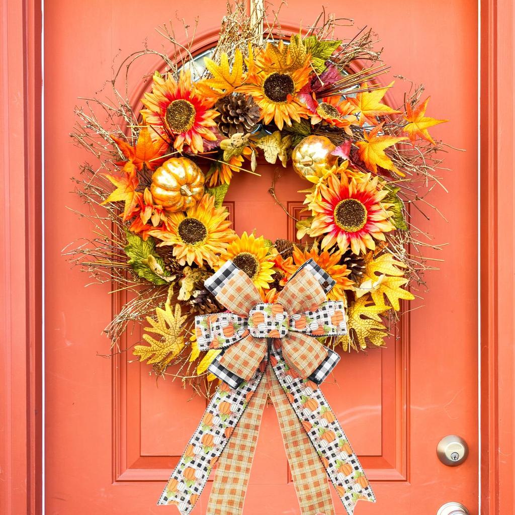Fall Bows - Thanksgiving, Autumn Leaves, Buffalo Plaid & Burlap, White, Black, Orange - Front Door, Indoor/Outdoor Wall Decor - 10 Pack