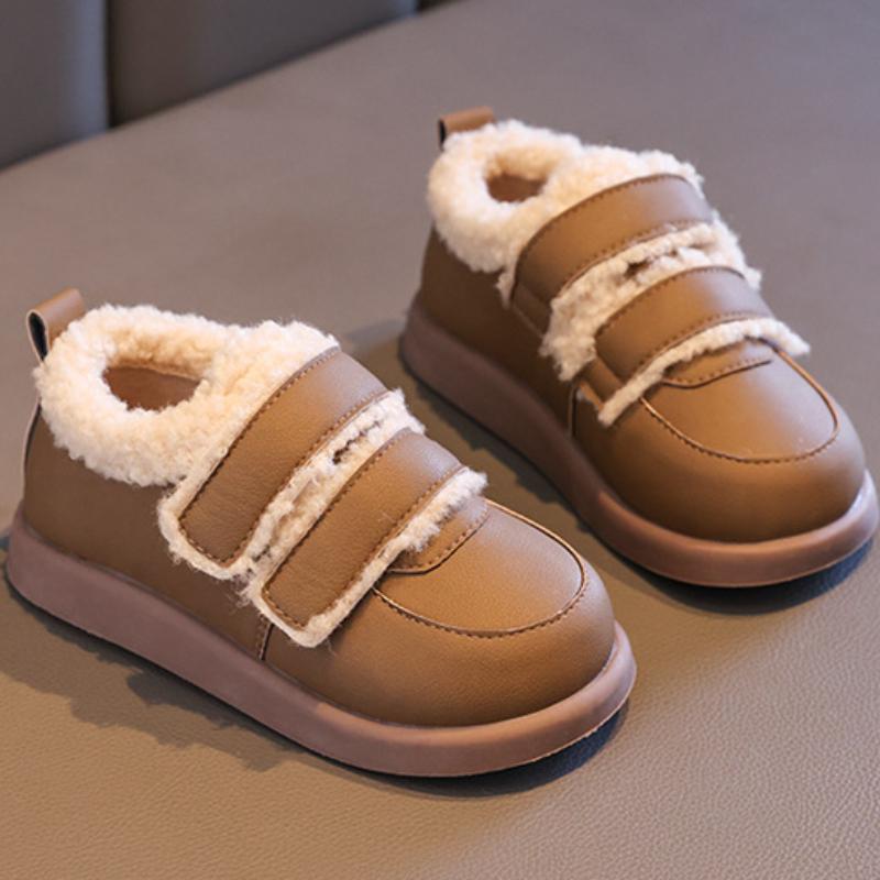 Children Cotton Shoes Solid Color Thick Soled Kids Causal Shoes Fashion 2024 Winter Warmth PU Leather Girl Plush Shoes Hook Loop