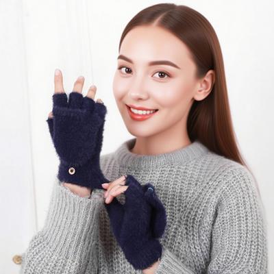 1 Pair Women Fingerless Gloves Warm Thick Winter Convertible Flip Top Plush Gloves Outdoor Cold Weather Half Finger Mittens