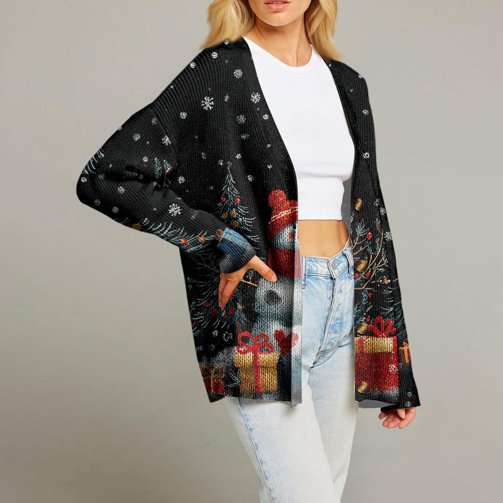Women's Fashion Long Sleeve Christmas Print V-Neck Button Loose Cardigan Top