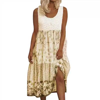 Summer Women Vintage Beach Dresses Elegant O-Neck Sleeveless Loose Midi Dress Ladies Casual Patchwork Party Dress