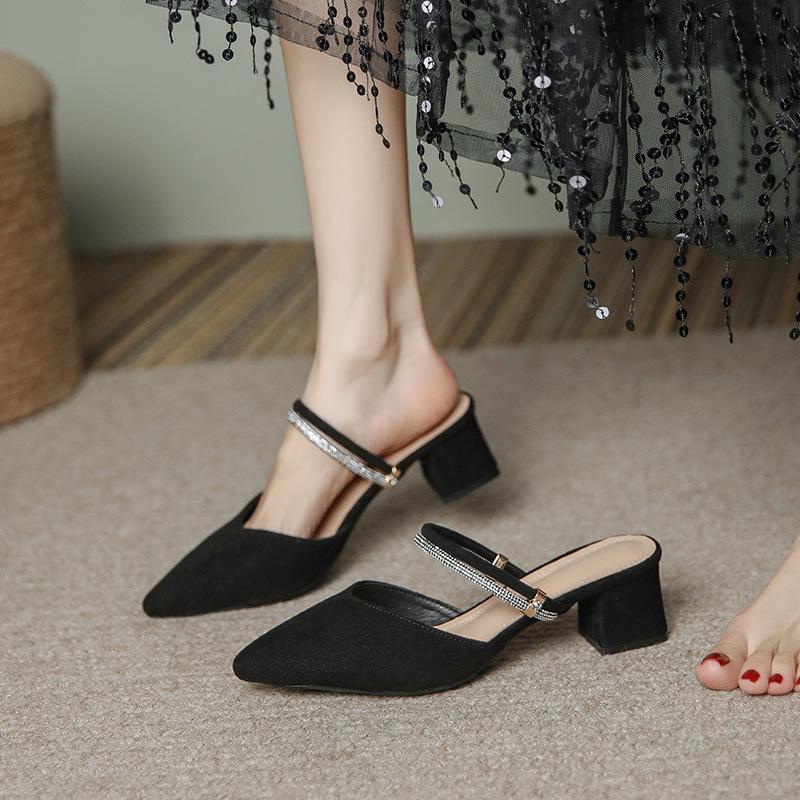 Fashion pointed toe suede leather sandals women two wears med-high heels summer shoes woman crystal band cover toe gladiator sandalias