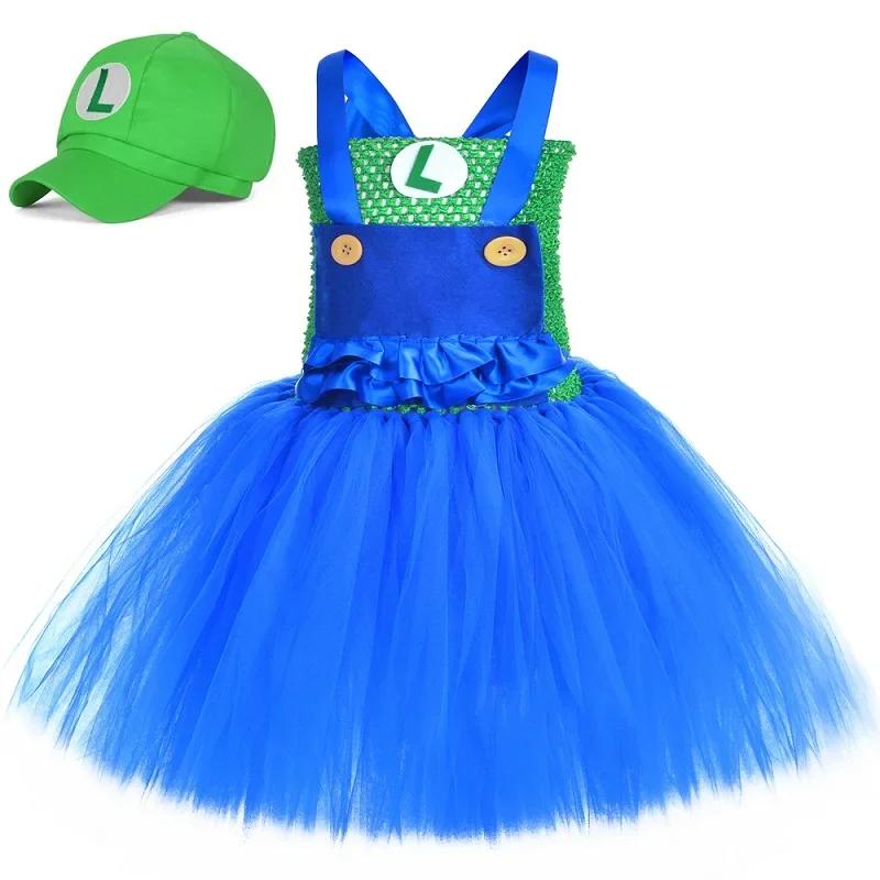 Super Brothers Luigi Costume Kids Halloween Party Tulle Tutu Dress Toddler Girls Fancy Anime Cartoon Characters Dress Up Clothes