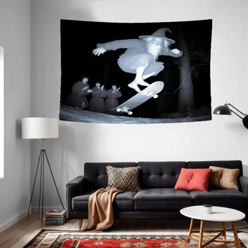 Funny Wizard Skateboarding Tapestry Meme Fantasy Art Wall Hanging Polyester Humorous Room Decor for Bedroom Dorm