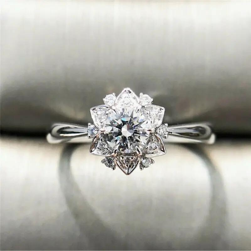 Fashion Female   Sterling Silver Flower Snowflake Round Zircon Crystal Rings for Women Promise Wedding Party