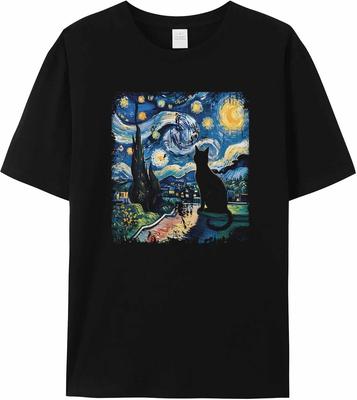 T Shirts for Women Graphic Tees Artistic Starry Sky Crew Neck Short Sleeve Shirts for Women Cat Casual T-Shirt