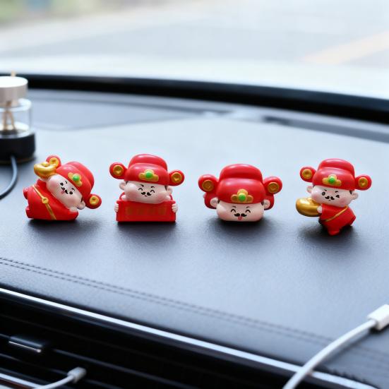 1/4Pcs God of Wealth Figurine Computer Monitor Decoration Cartoon Chinese Immortals Statue Resin Sculpture Car Dashboard Ornament