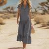 Women Casual Button V Neck Short Sleeve Maxi Dress with Ruffle Hem Relaxed Fit Lightweight Summer Dress