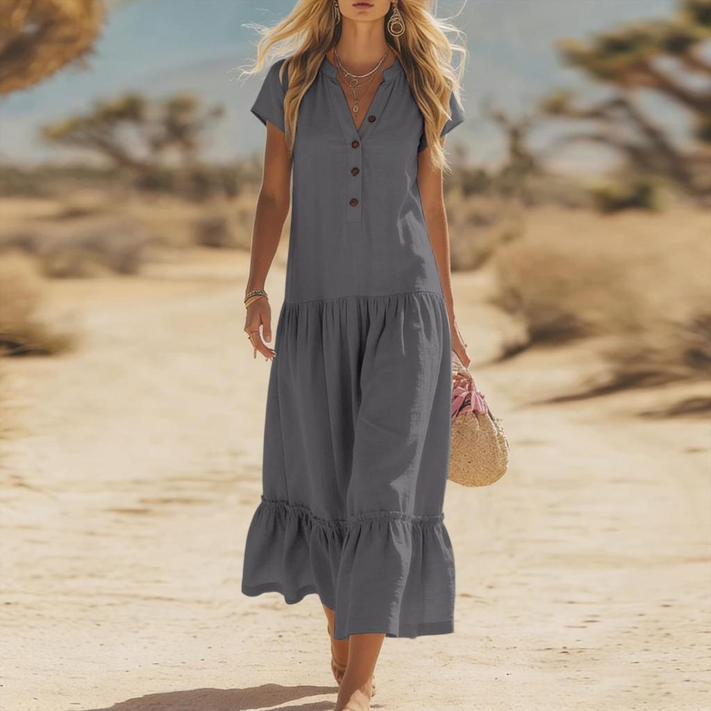 Women Casual Button V Neck Short Sleeve Maxi Dress with Ruffle Hem Relaxed Fit Lightweight Summer Dress