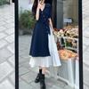 WTEMPO Abito Lungo Scollo a V Abito Coreano Estivo Donna Casual Urbano Trendy Femminile Elegante Blu Abiti Base