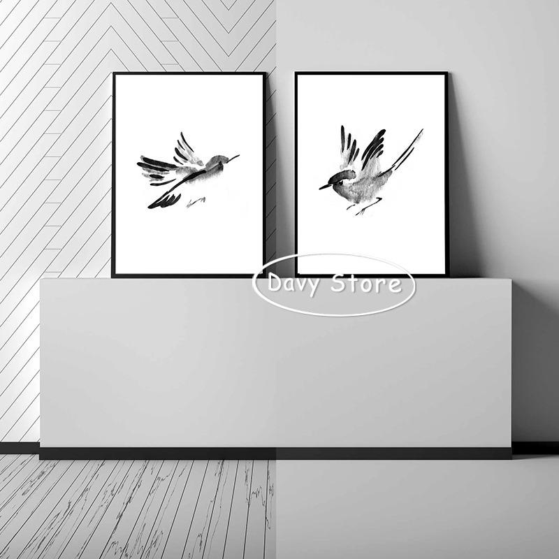 Japanese Style Watercolour Bird Prints Black and White Bird Poster Canvas Painting Wall Art Picture for Living Room Home Decor