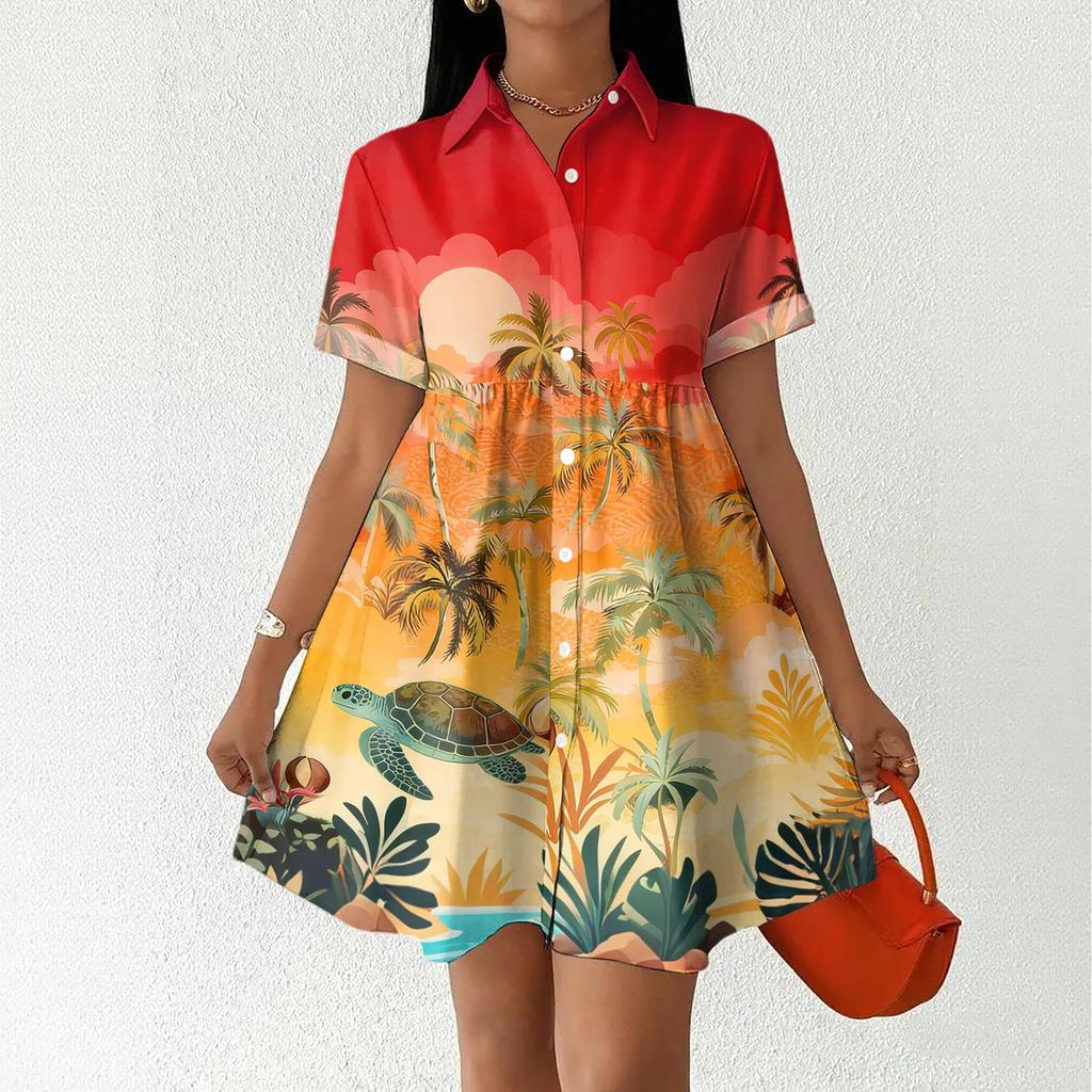 Women Casual Loose Fit Button Front Dress Shirt Dress with Stand Collar Short Sleeve Hawaiian Print Summer Dress