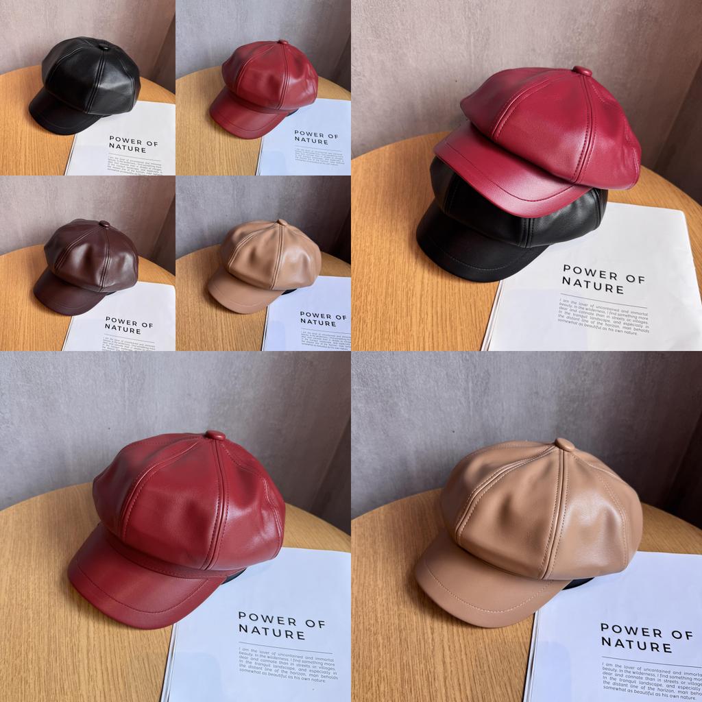 Pu Leather Octagonal Hat For Women With Sun Protection Chic Winter Fashion Accessory