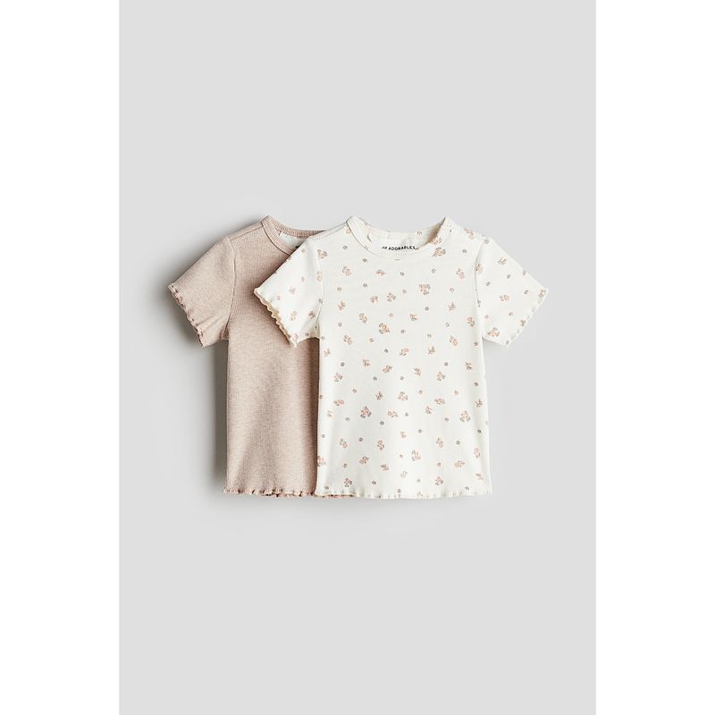 

HM Children s Clothing Baby Girl Baby T-shirt Summer 2025 New Arrival Cute 2-Piece Rib Cotton Tops 1262121 Beige/Florals 52/40