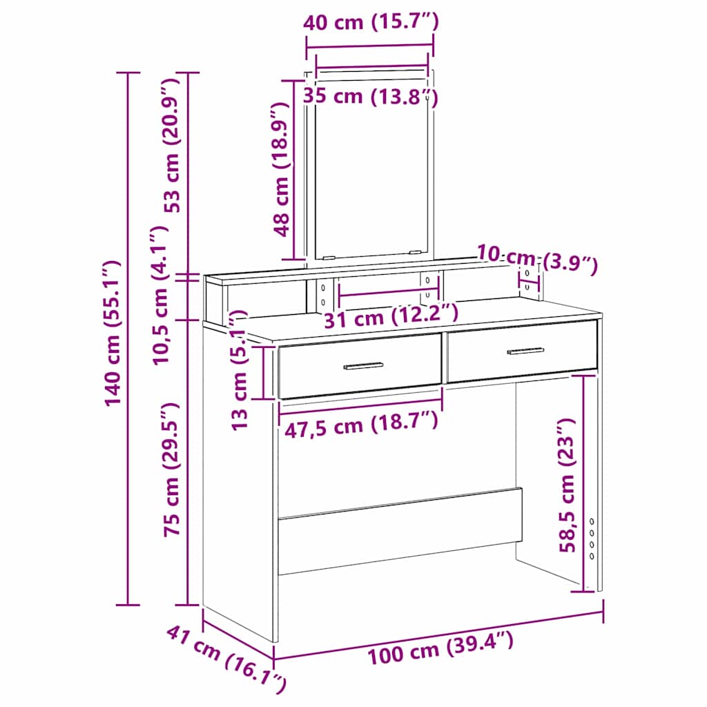 Makeup Table Smoked Oak 100 x 41 x 140 cm Engineered Wood