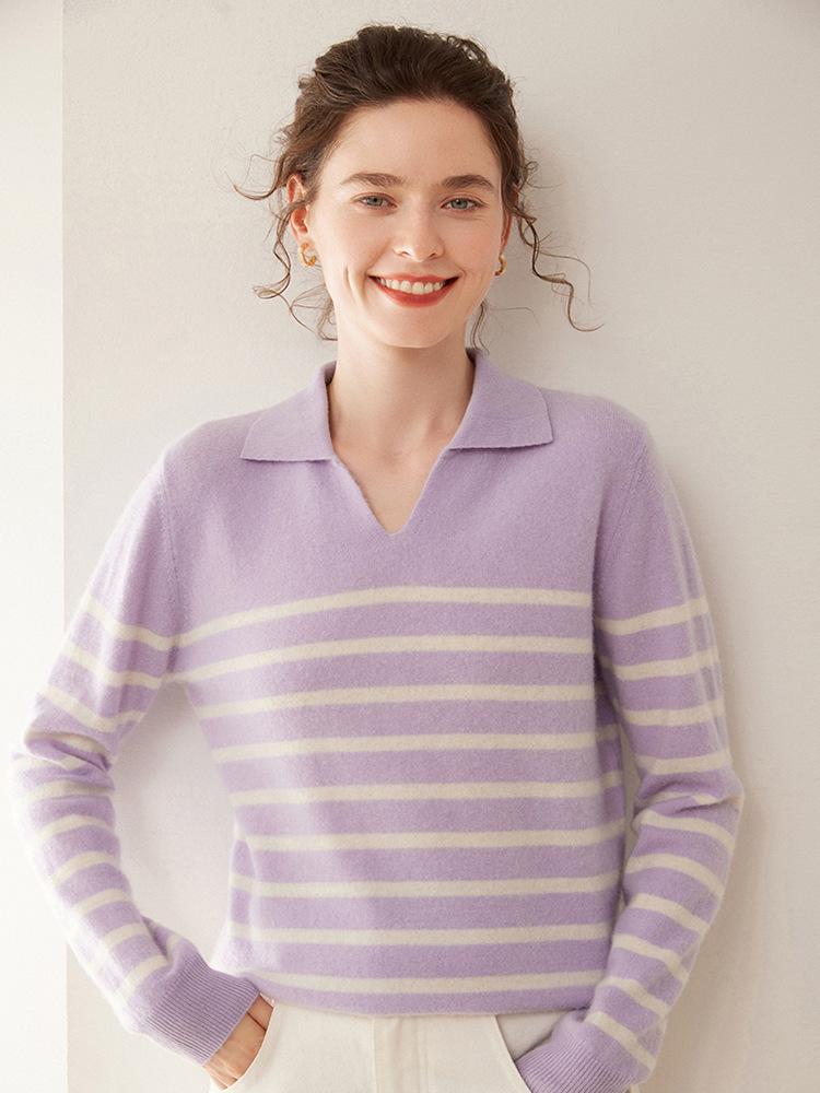 Women's Cashmere Knit Long Sleeve POLO Collar Top, Striped, Fashionable, Versatile, Soft, and Skin-Friendly