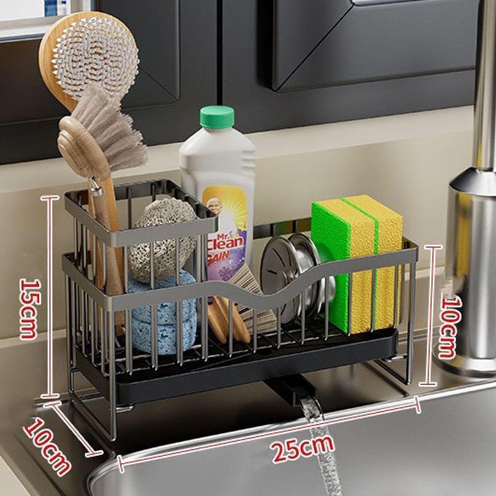 Waterproof Self-Draining Sink Shelf Black/Silver Sink Drain Rack Soap Sponge Holder Countertop