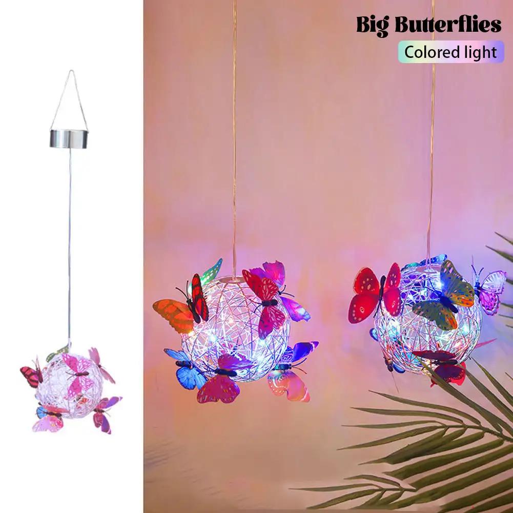 Садовый подвесной солнечный светильник, круглый шаровой светильник с бабочкой, водонепроницаемый металлический плетенный подвесной светильник, домашний декоративный ночник