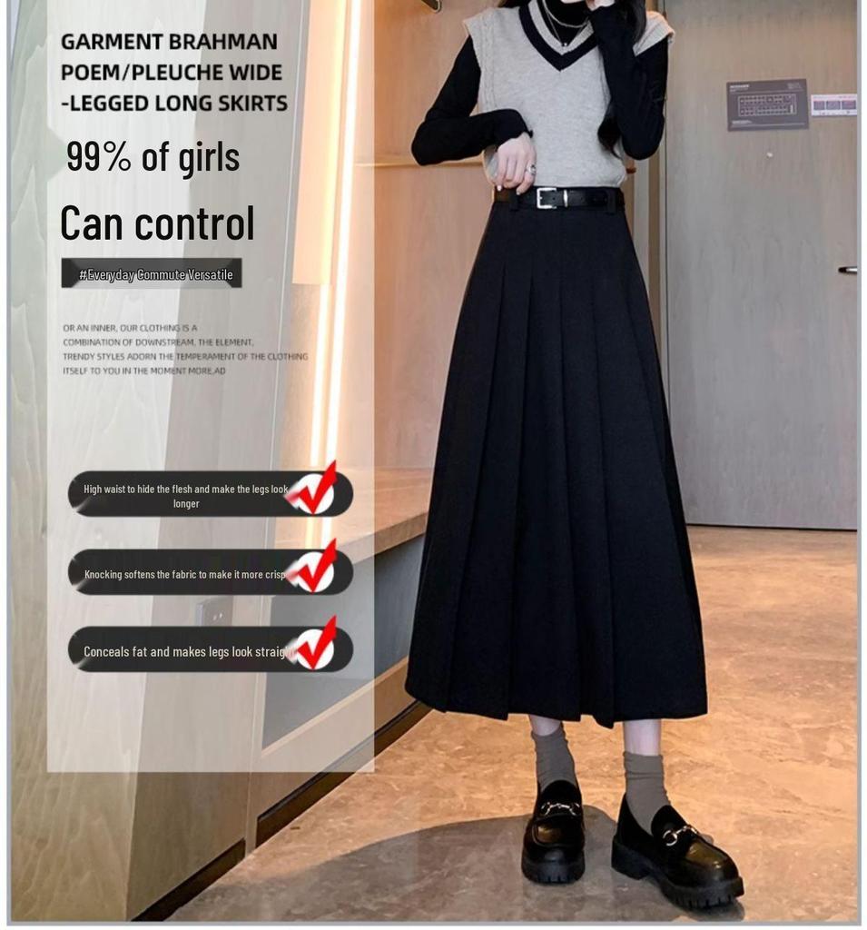 2024 New High Waist Black Woolen Pleated Midi Skirt for Autumn/Winter