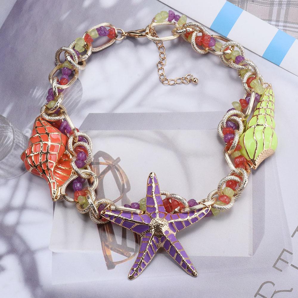 Beach Wind Alloy Starfish Shell Conch Necklace Handmade Beaded Chain Jewelry