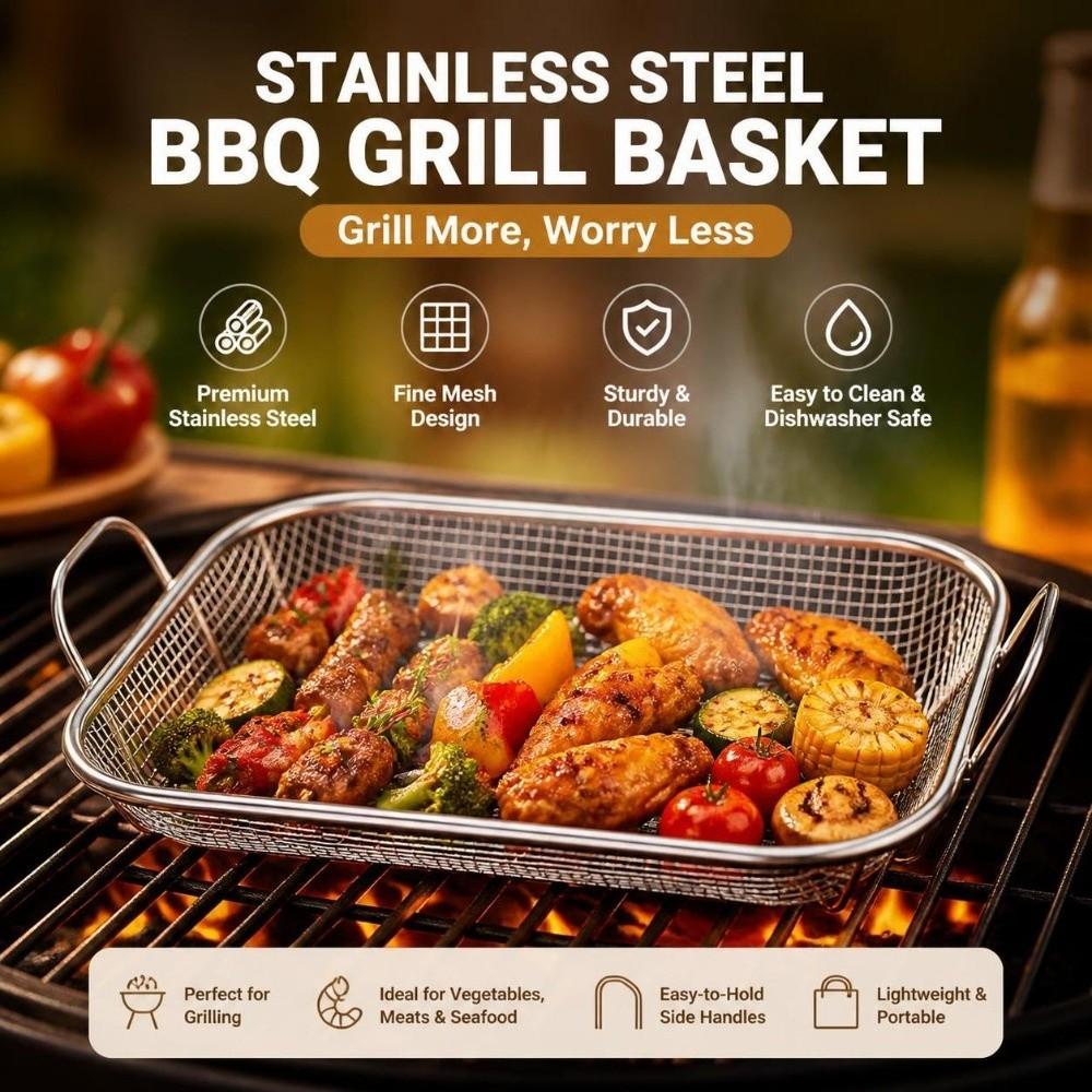 Stainless Steel Wire Mesh Grill Tray Rectangular Draining Frying Net Camping Cookware