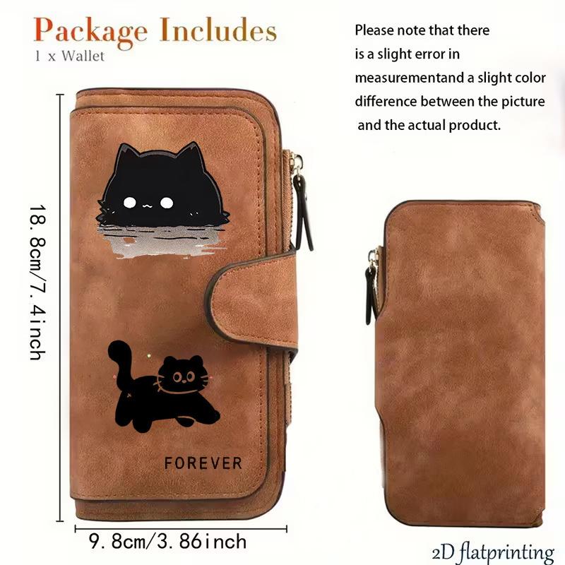 Women Multifunction Wallet with Cat Pattern Snap Button Coin Purse Billfold Card Holder for Outdoor Travel Daily Use Minimalist Couple Gift Gray