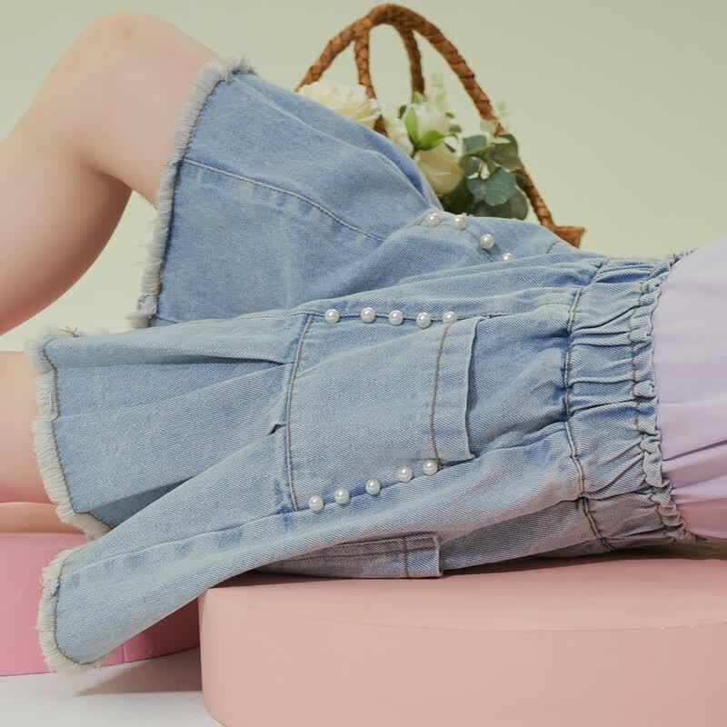 Little Tiger · Patty Girls Pearl-Edge Denim Shorts 130
