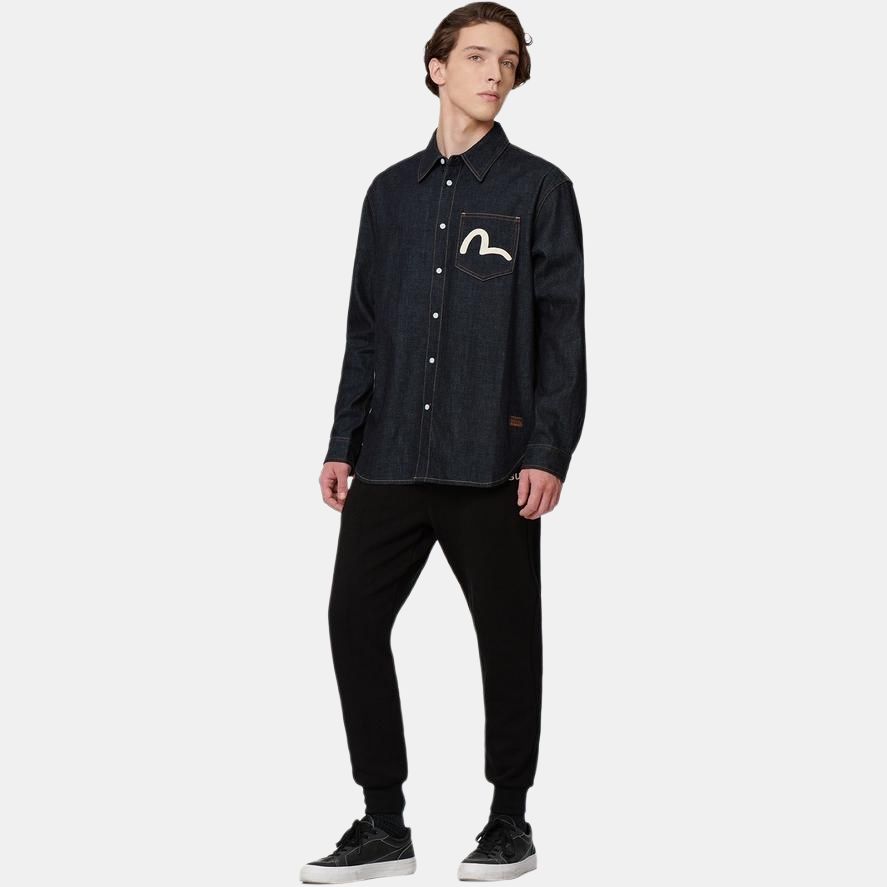 Evisu Fishing Letter Print Denim Shirt Men shirts Denim-Blue 2EAHTM2SL147RXDN