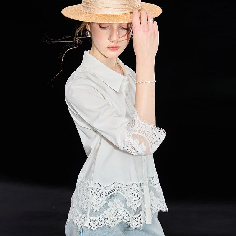 Wudao Women s French Lace Patchwork Lapel 3/4 Sleeve Shirt L