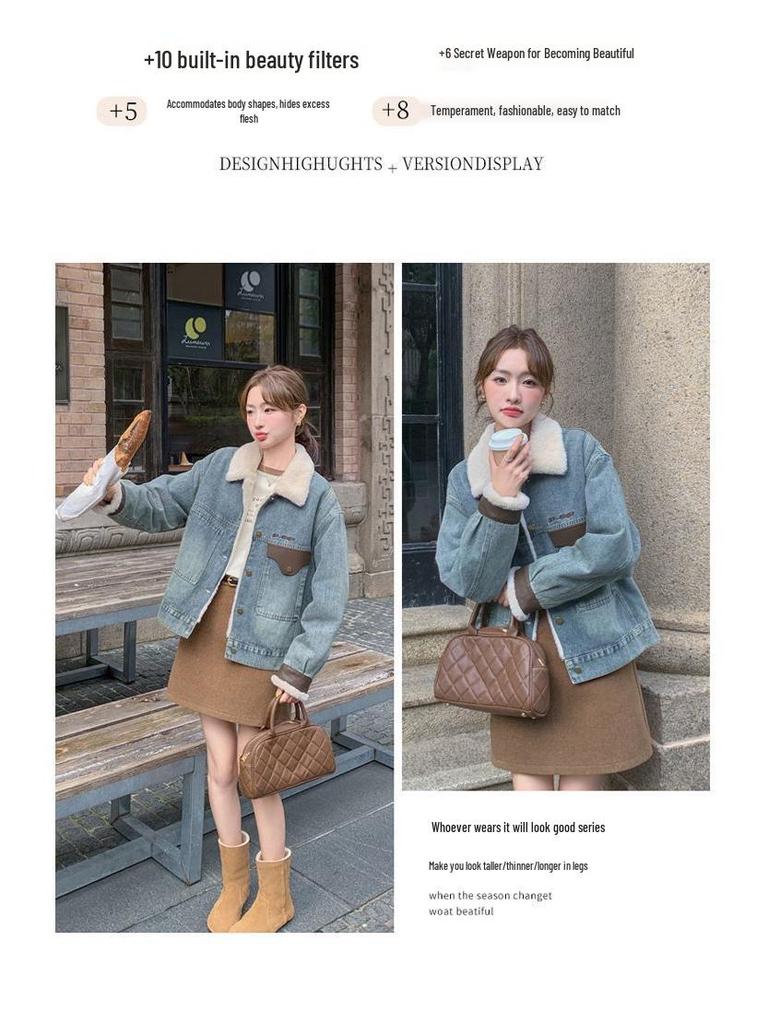2025 Women's Winter Short Denim Jacket with Velvet and Lambswool
