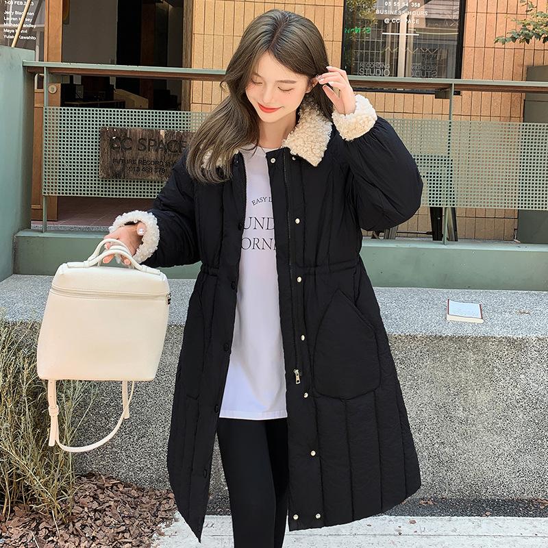 2025 New Lamb Wool Collar Waist Women's Long Down Cotton Clothes Solid Color Single-breasted Loose Coat
