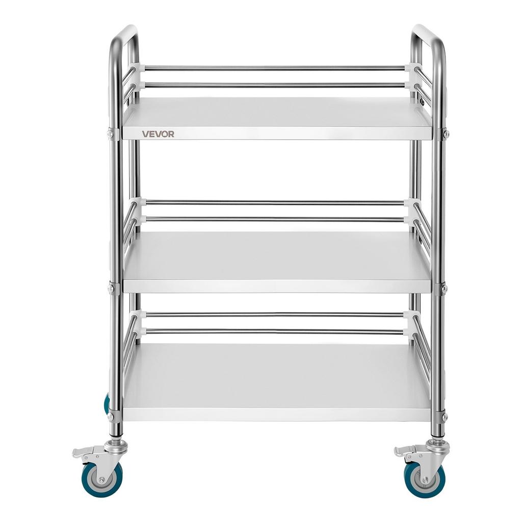 Stainless Steel Cart, 3-Tier Rolling Lab Utility Cart with Lockable Wheels, Medical Serving Trolley Clinic Tray, Heavy Duty Mobile Service Storage