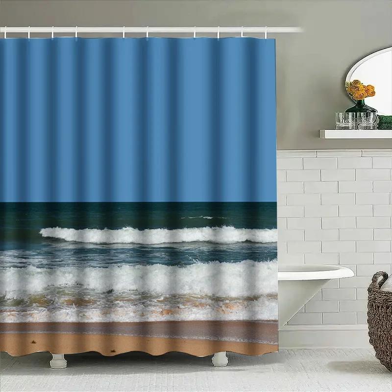 Blue Sky Ocean Waves Shower Curtain Waterproof Home Decor Bathroom Accessories High-Quality Fabric Printed Design For Bathrooms