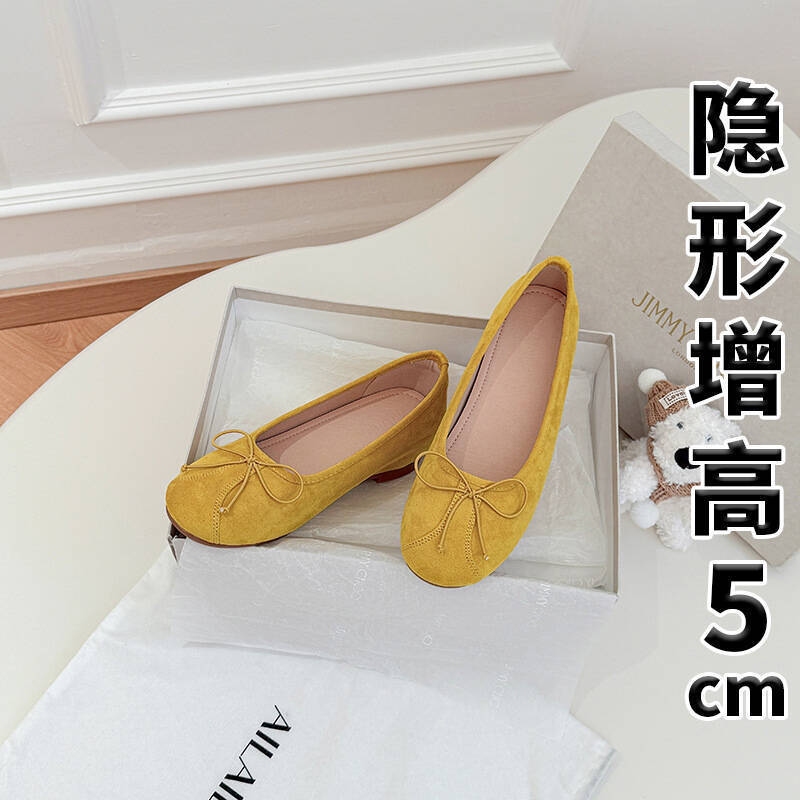 French inner height increase shallow mouth single shoes women's new spring and summer new bow pigskin ballet shoes