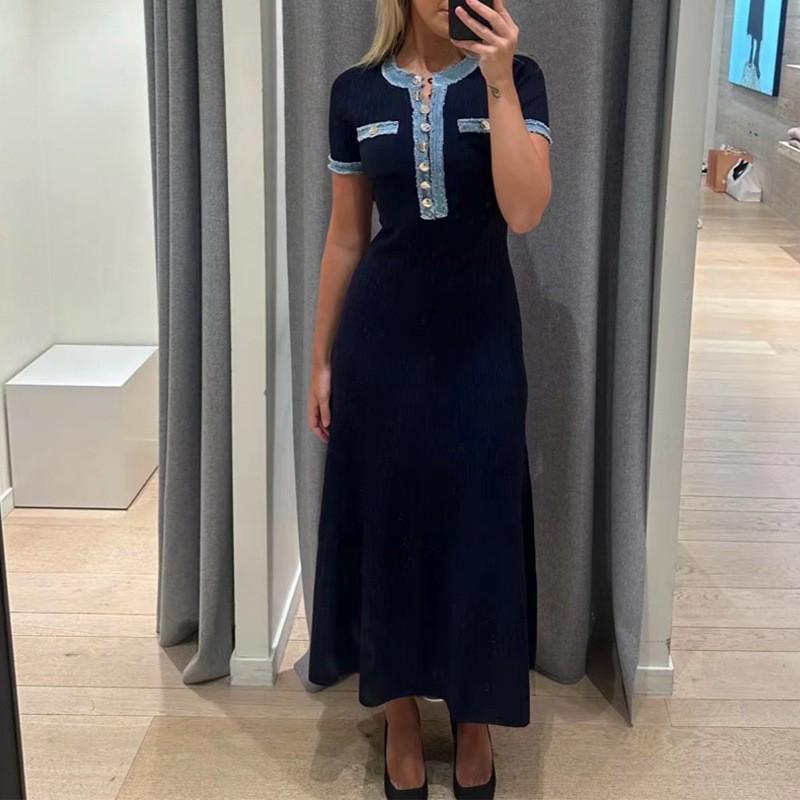 

Летняя элегантная длинная джинсовая юбка европейского и американского производства - Big Swing, облегающее трикотажное платье Small темно-синий