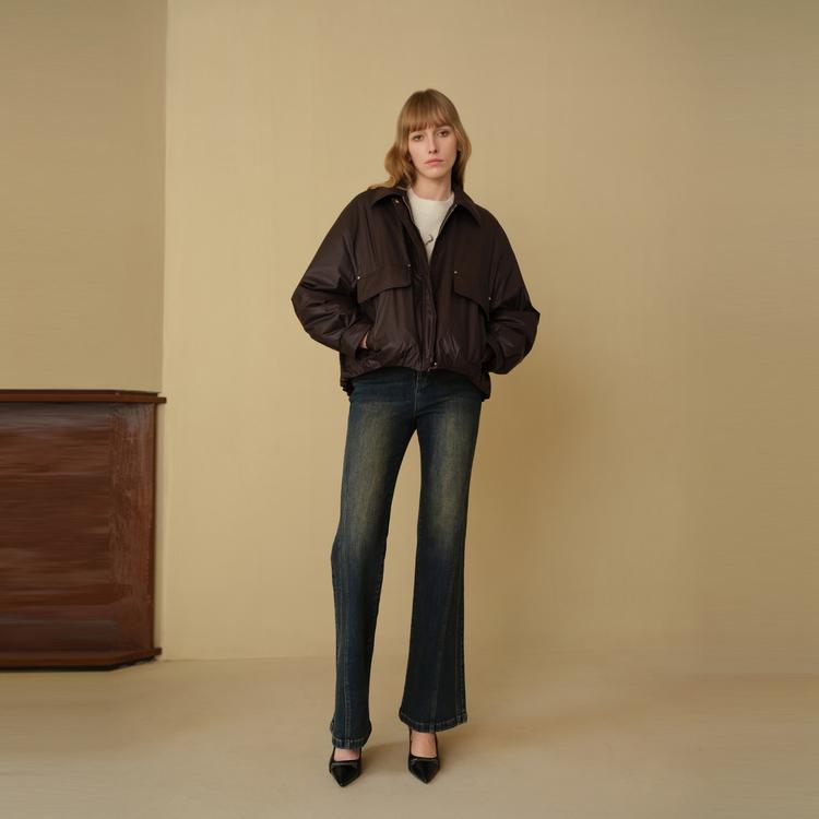 ELLE Design Francês Gola Lisa Cor Sólida Minimalista Básico Solto Confortável Jaqueta de Penas Feminina Roupa Exterior Marrom Escuro L7AYM005