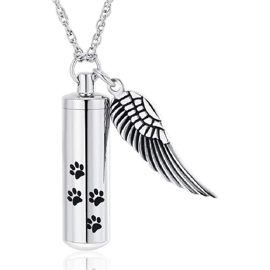 shajwo Cremation Jewelry Paw Print Urn Necklaces for Human Pet Ashes Cylinder Urn Pendant Keepsake Memorial Ash Locket Holder Necklace for Men Women