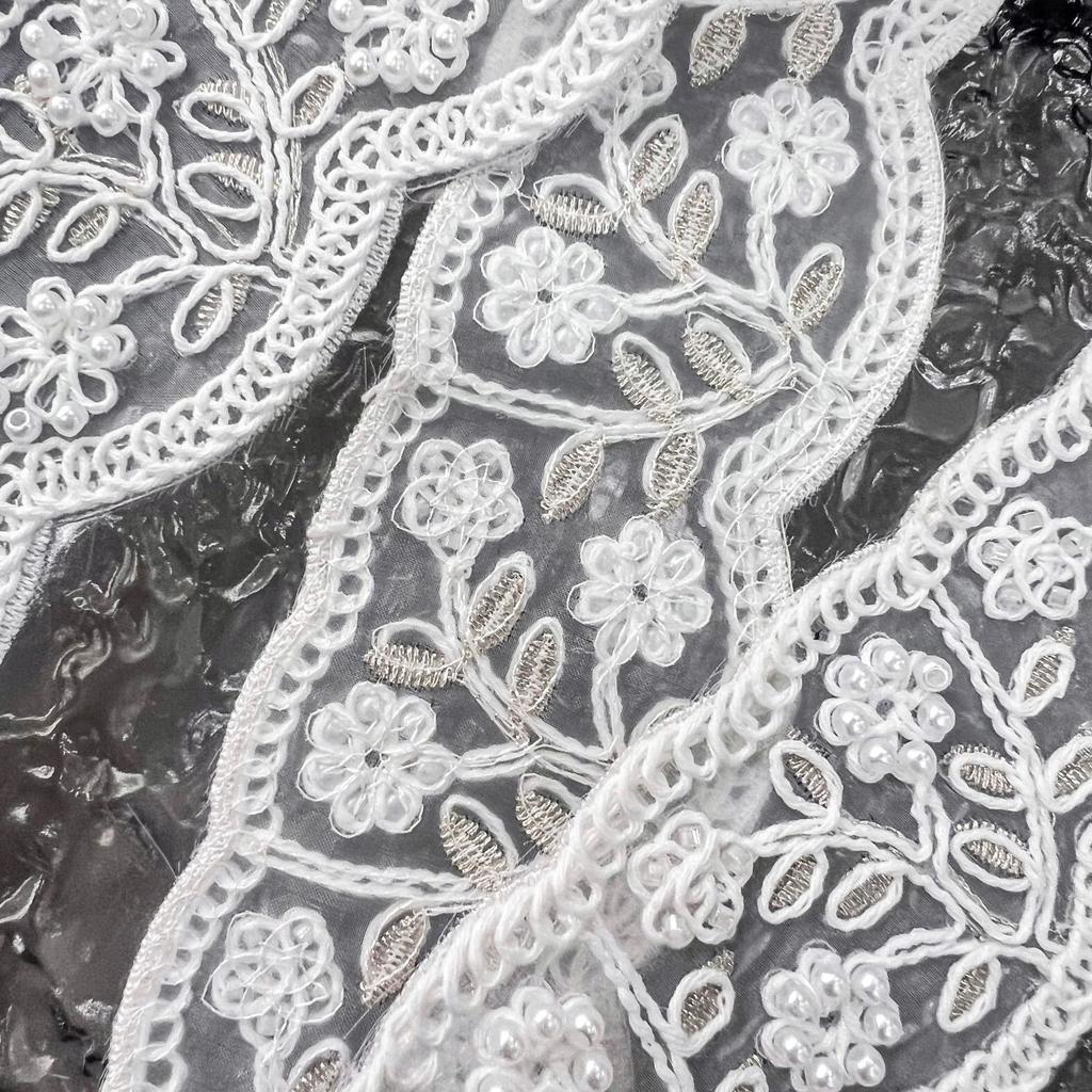 White Organza Strand Beads Three-Dimensional Flower Embroidery Barcode Clothing Cuffs Belt Decorative Lace Accessories