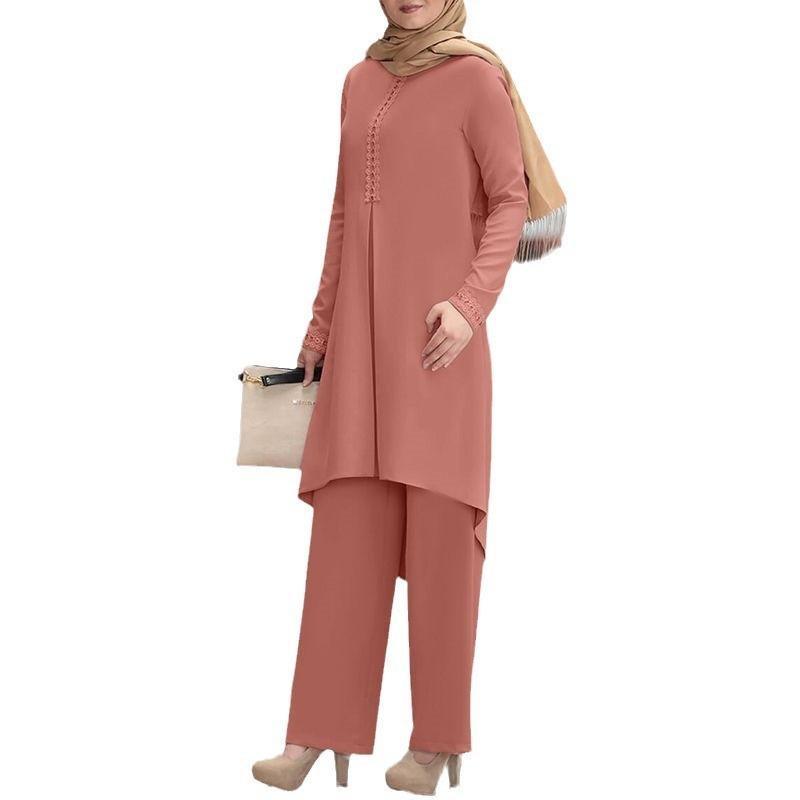 Hot-selling Middle Eastern Muslim Women's Suit Spring and Autumn Lace Long-sleeved Top Wide-leg Pants