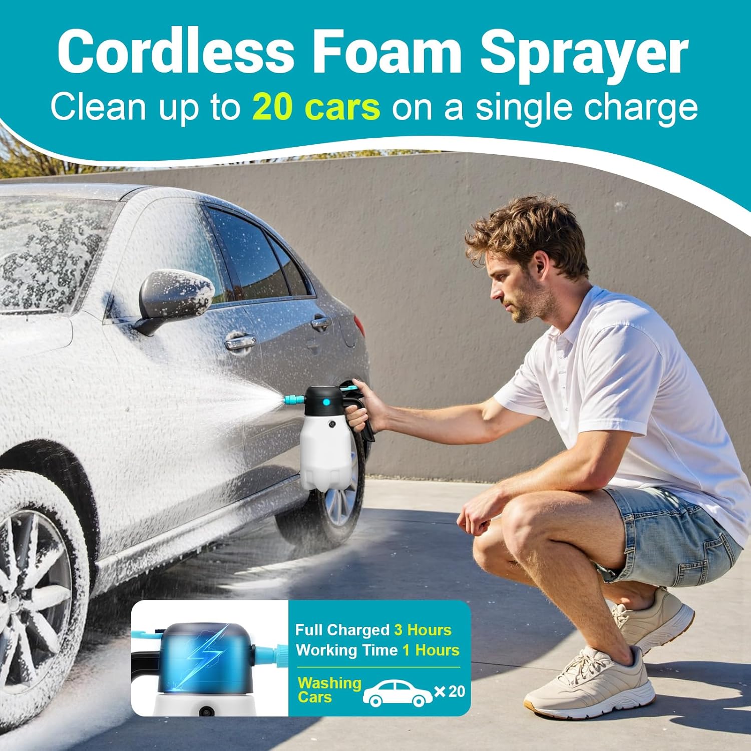 Electric Foam Sprayer Car Wash, 60PSI Foam Sprayer Auto Pressurized with 2 Nozzles(Foam/Water Stream), Built-in 7.4V Pump, 2x2000mAh Battery, for Car