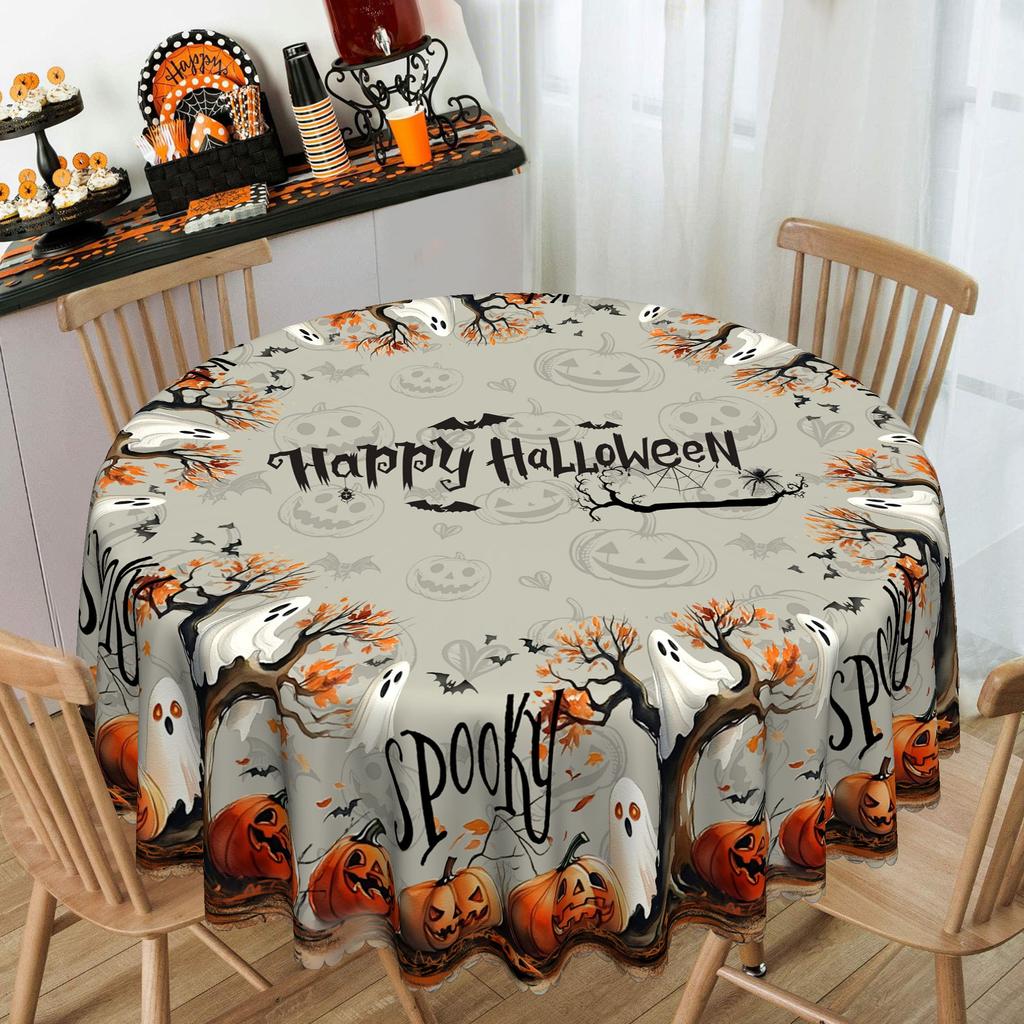 Halloween Themed Tablecloth, Round, Orange Pumpkin Ghost Bat Pattern, Halloween Party Table Cloth