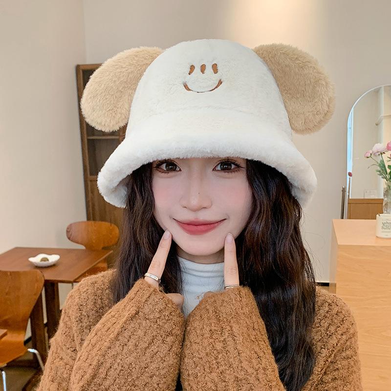 Puppy Ears Plush Fisherman Hat for Women Winter Korean Style Cute Student Versatile Face Showing Small Thickened Warm Basin Hat