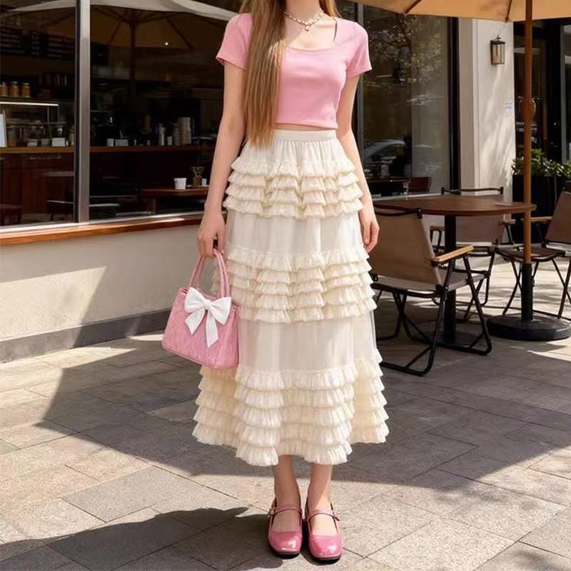 Qooth Ruffle Tulle Maxi Skirt Layered Cake High-Waisted Skirt French Ethereal Style for Party QT2860