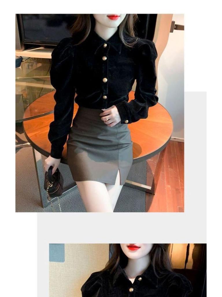 Women's Chic Black Velvet Puff Sleeve Top - Retro Court Style, Designer, Plus Velvet, Perfect for Autumn/Winter
