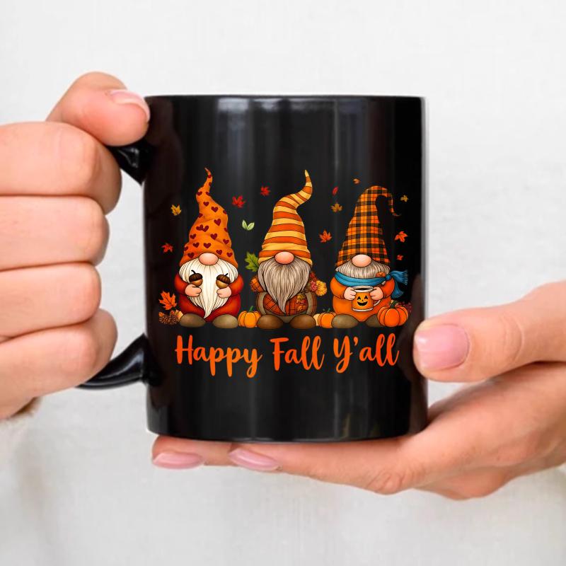 Autumn gnome coffee cup, black autumn gnome and pumpkin, joyous autumn design for home office or gift чёрный