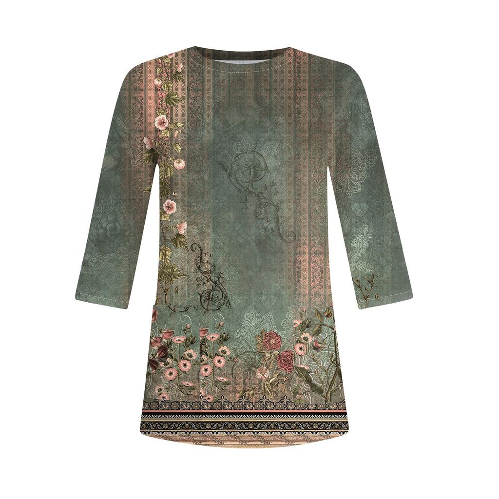 3/4 Sleeve Tops For Women T-Shirt Casual Print Tops T Shirt Round Neck Pullover  Blouse