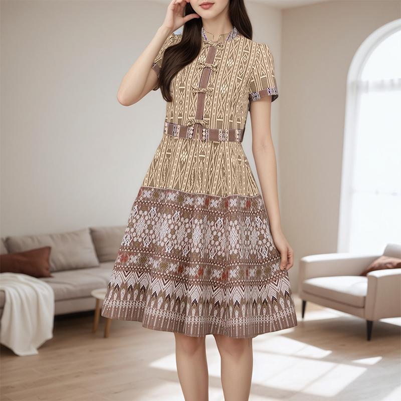 ZANZEA Women Casual Stand Collar Summer Short Sleeve Print Dress