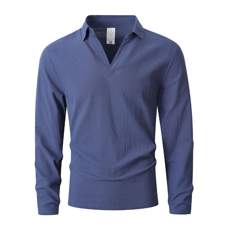 Men's Long Sleeve Linen Blend T-Shirt, Loose Fit Collared Pullover, Breathable Moisture Wicking Casual Spring Fall Top
